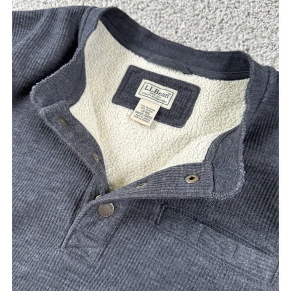 LL Bean Sherpa Lined Waffle Henley Sweater Pullover Quarter Snap Gray Mens Large - Picture 3 of 9